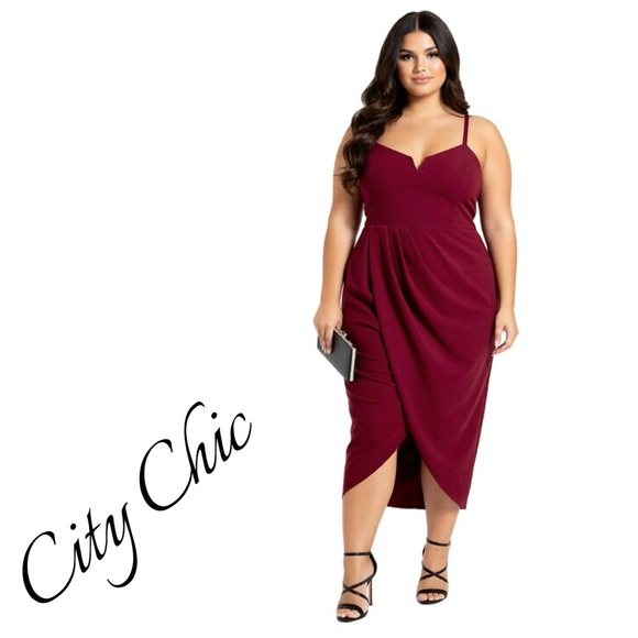 City Chic Sassy V Midi with Spaghetti Straps in Deep Ruby size XL/22 NWT